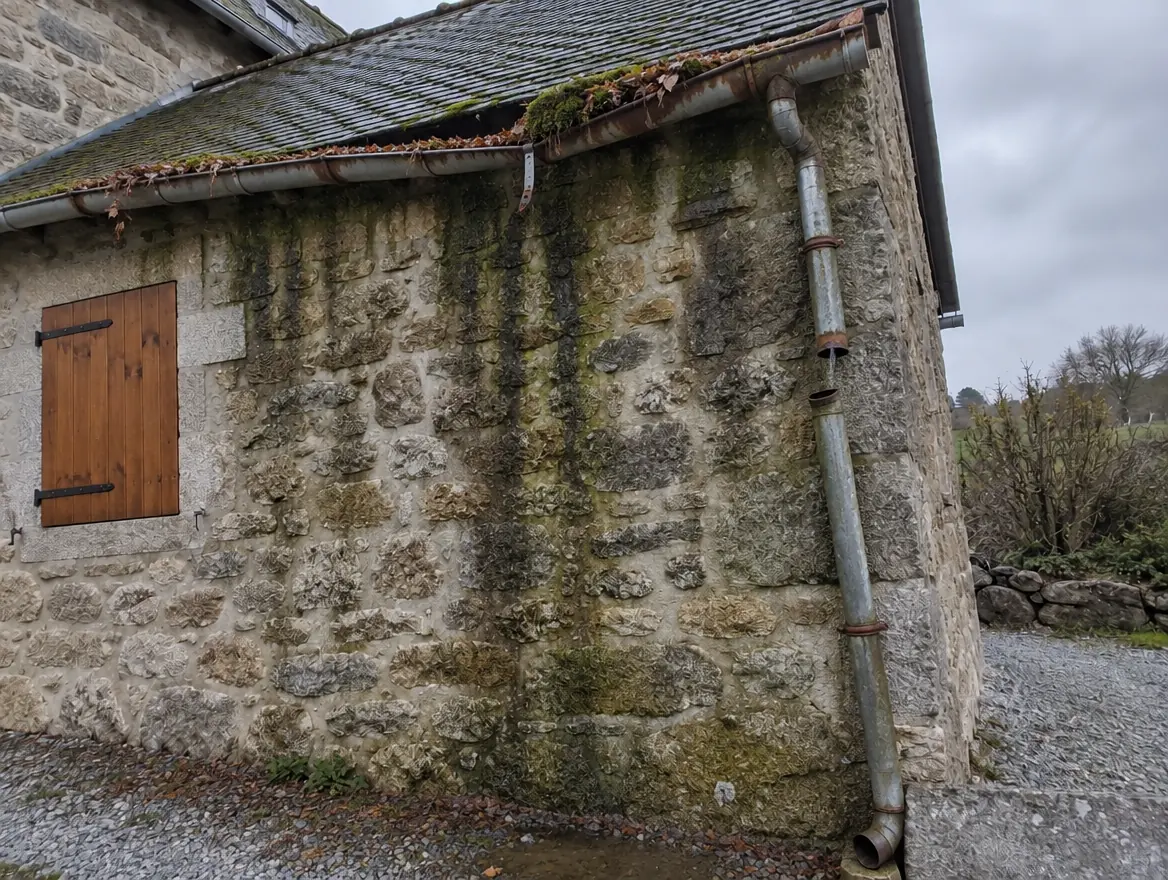 Avant : gouttière rouillée et mur taché