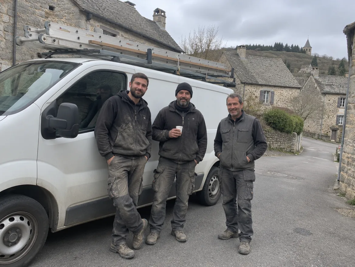 Une équipe de couvreurs devant leur fourgon, dans un village de Lozère